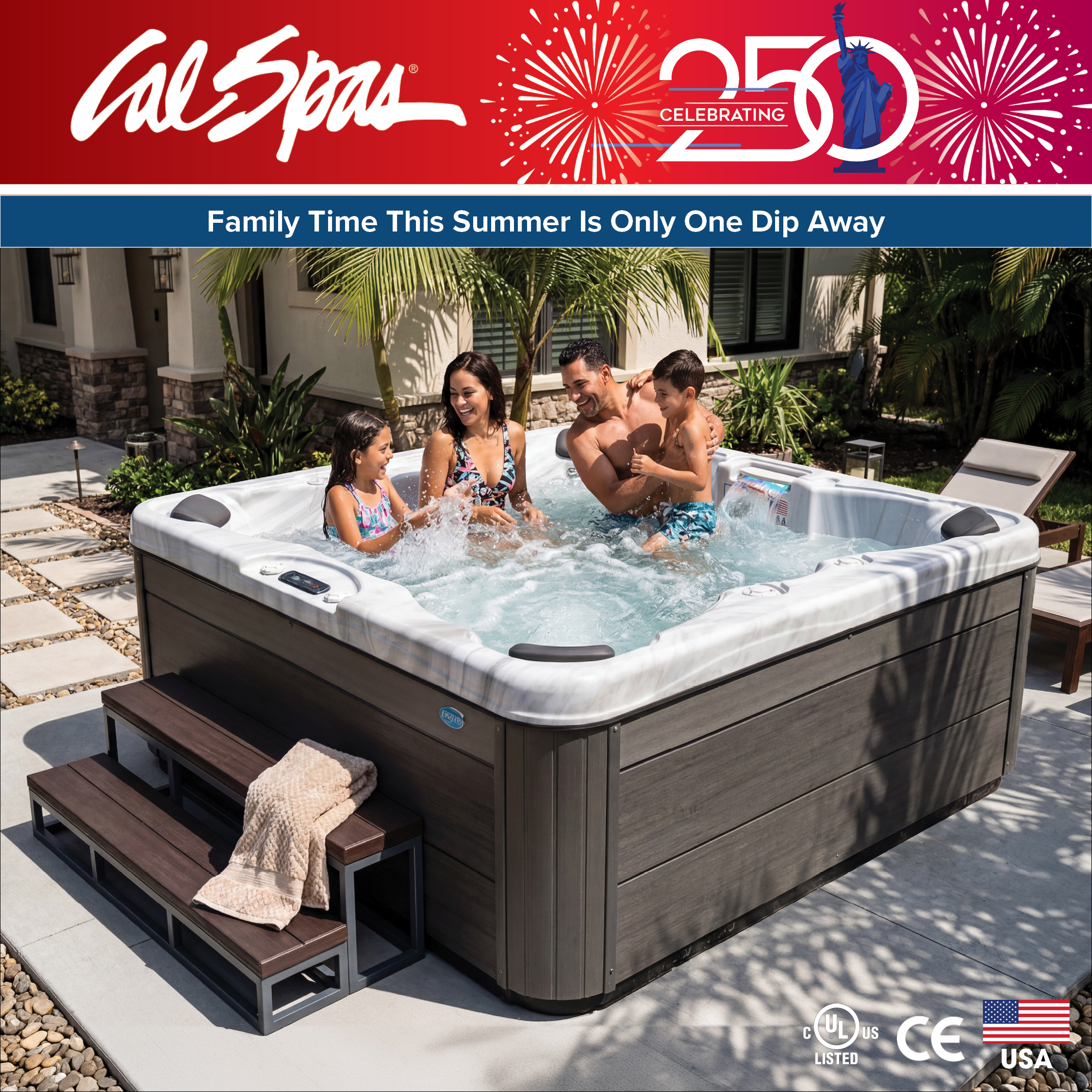 Calspas hot tub being used in a family setting - Cary